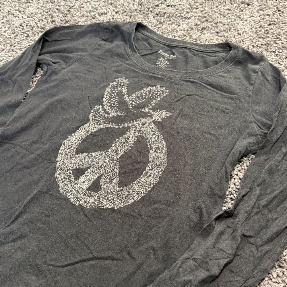 Boho Lucky Brand Peace Sign Shirt Women Grey Excellent Paisley Graphic Small